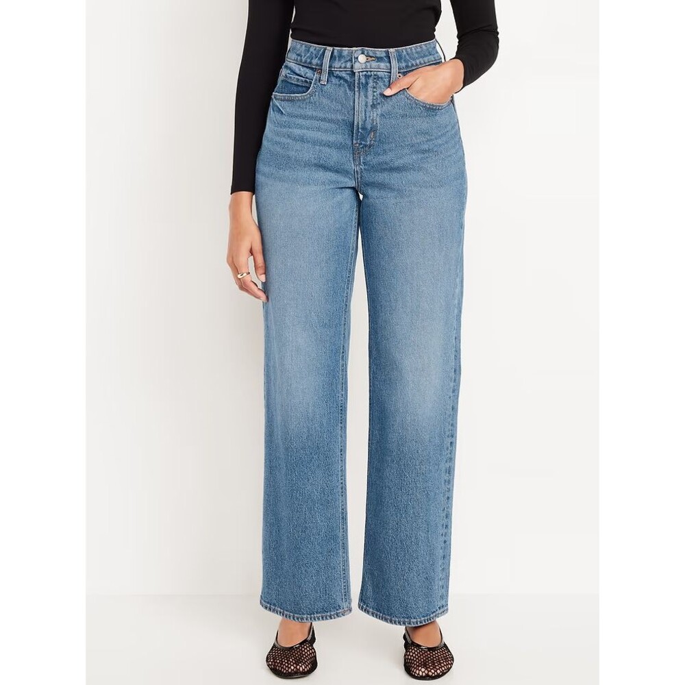 Old Navy Curvy Extra High Rise Wide-Leg Jeans Women 14 Tall Blue Medium Wash NEW